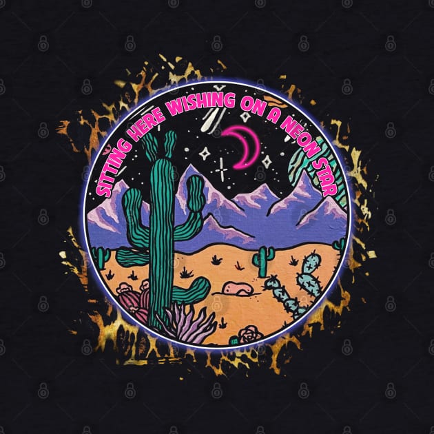 Sitting Here Wishing On A Neon Star Leopard Design Cactus Mountains by Merle Huisman